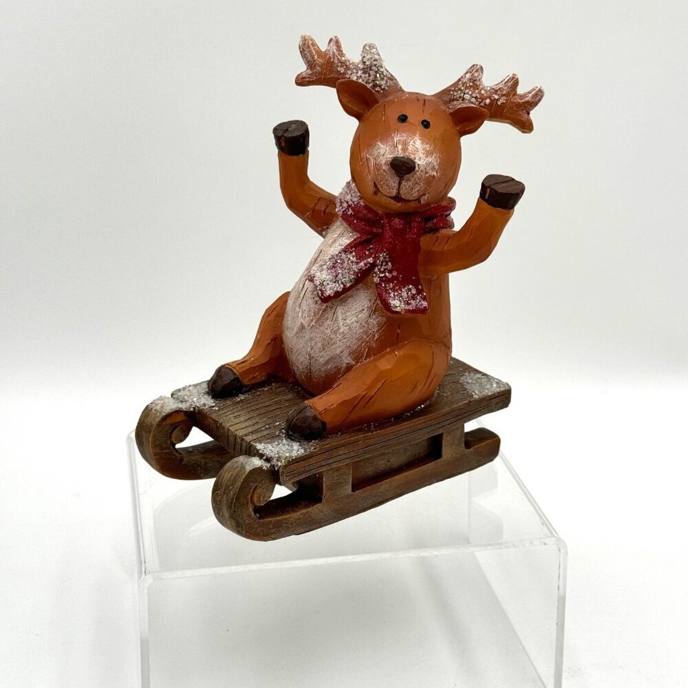 Reindeer on Sled with Fruends Holiday Christmas Winter Snow Resin figurine